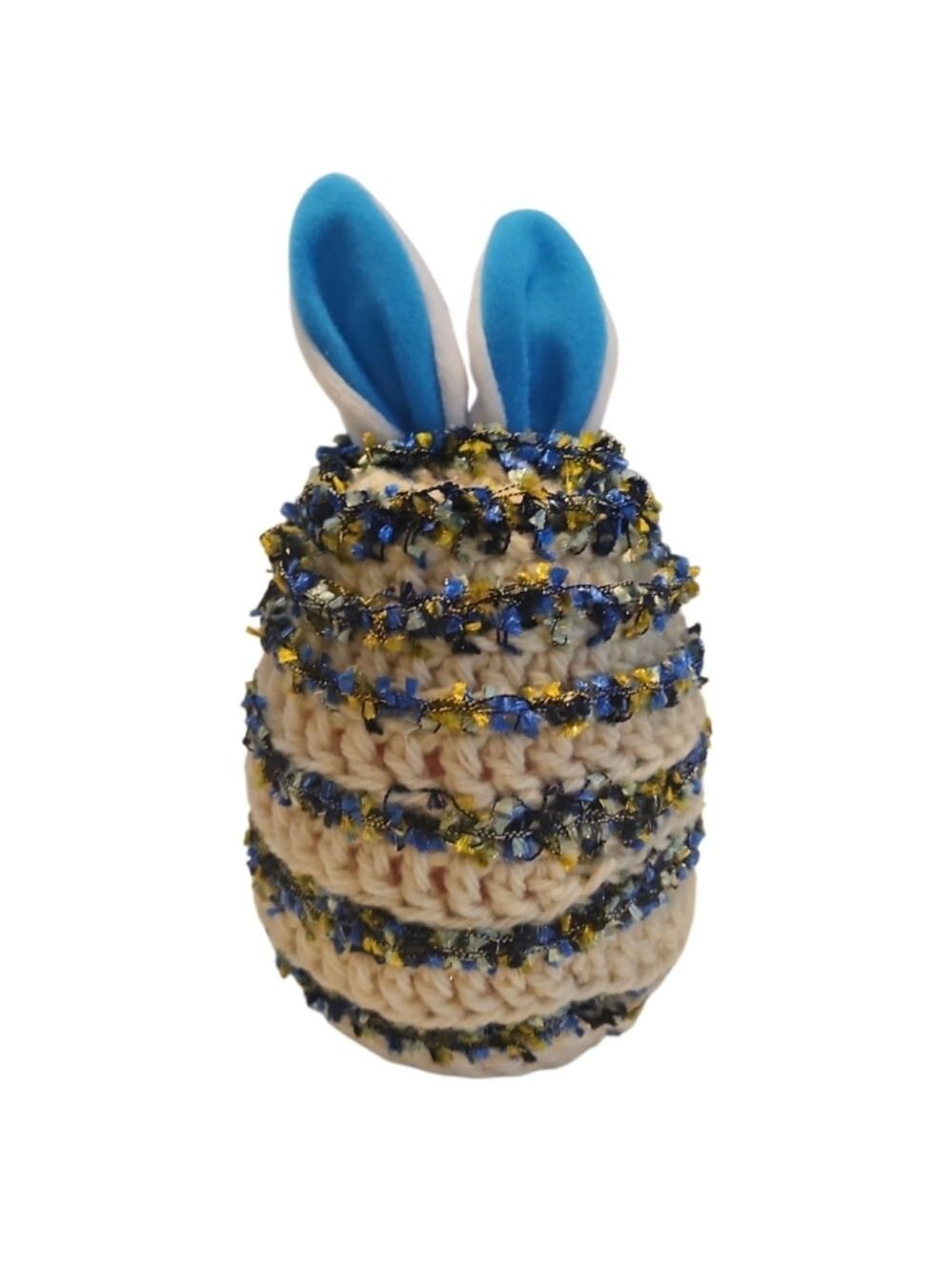 Upcycled Colorful Bunny Ear Toy Egg Wrapped on crochet blue & yellow fuzzy yarn